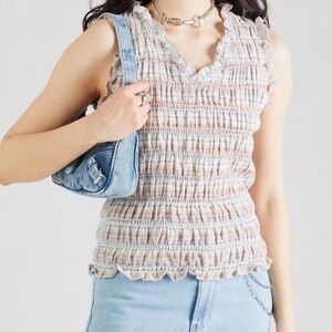 Topshop Smocked Striped Sleeveless Ruffle V-Neck Top Pastel Multi Color US 6 NEW